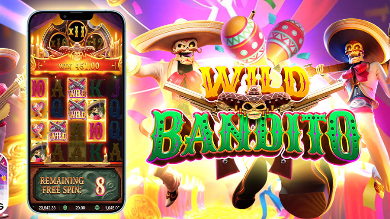 "Wild Bandito slot game by PG Soft with colorful symbols like guitars, skulls, and maracas on a Mexican-themed backdrop."