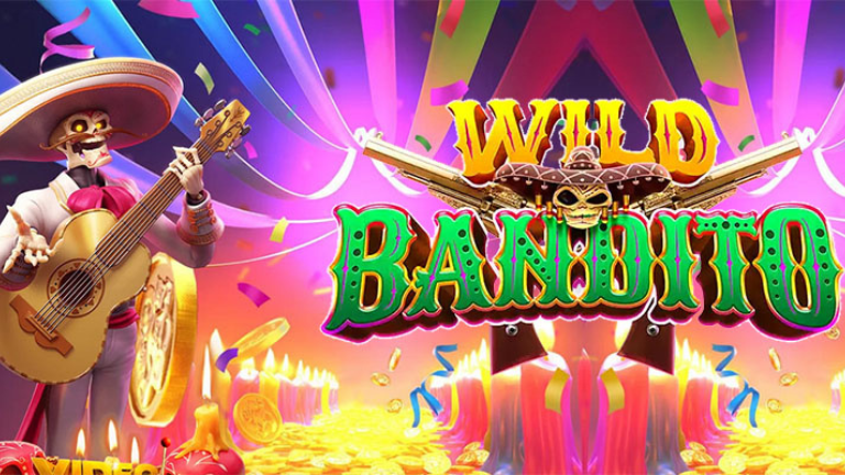 "Wild Bandito slot game by PG Soft featuring vibrant Mexican-themed symbols like skulls, guitars, and maracas."