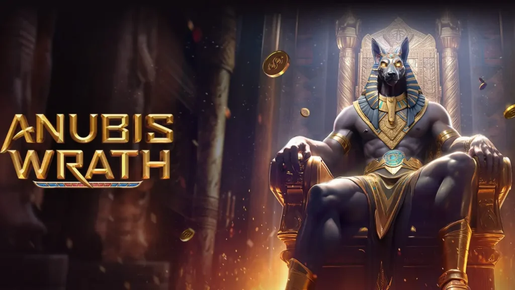 "Anubis Wrath Slot by PG Soft showcasing Egyptian symbols and the god Anubis in a mystical background."