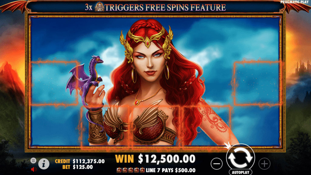 Dragon Kingdom Slot reels with fiery dragons and warriors in a fantasy setting.