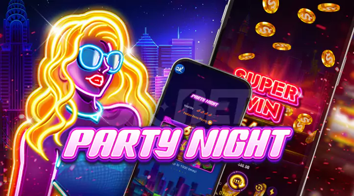 Party Night slot by JILI featuring vibrant party symbols such as confetti, cocktails, and disco balls.