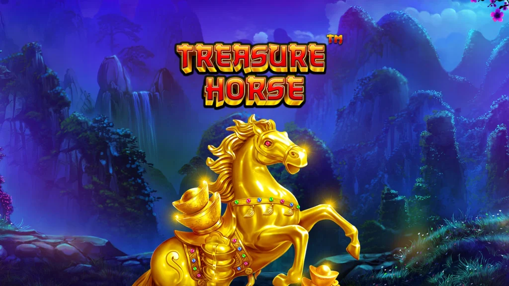 Golden Treasure Horse slot reels with Eastern-inspired symbols like gold coins, ingots, and a majestic golden horse.