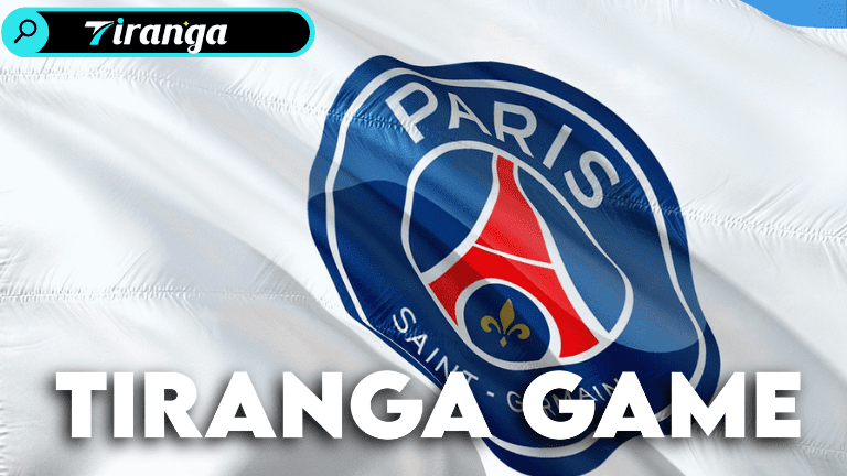 Paris Saint-Germain F.C. players celebrating a goal with a background of colorful Tiranga Game symbols.
